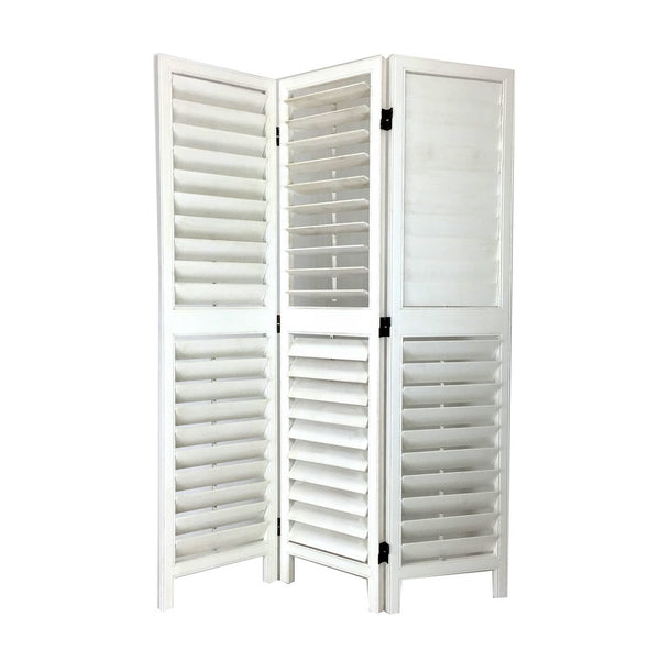 Benzara Wooden 3 Panel Room Divider With Slatted Design White - BM213480