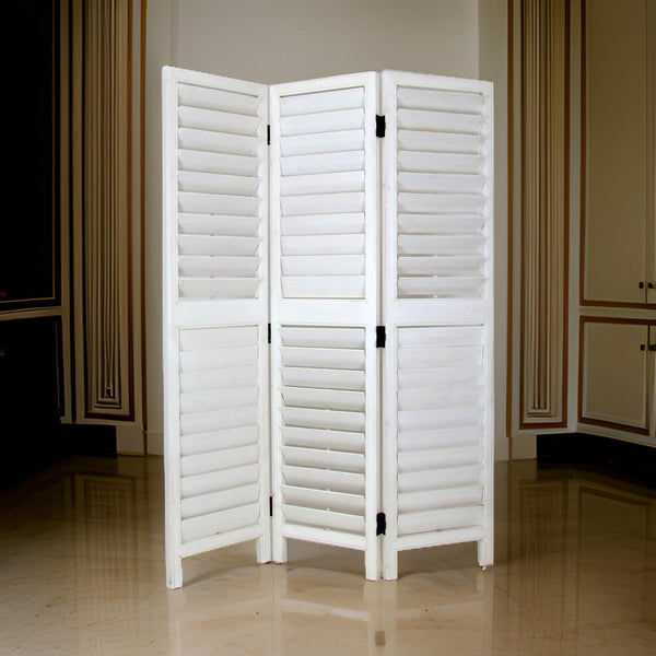benzara Wooden 3 Panel Room Divider with Slatted Design White - BM213480