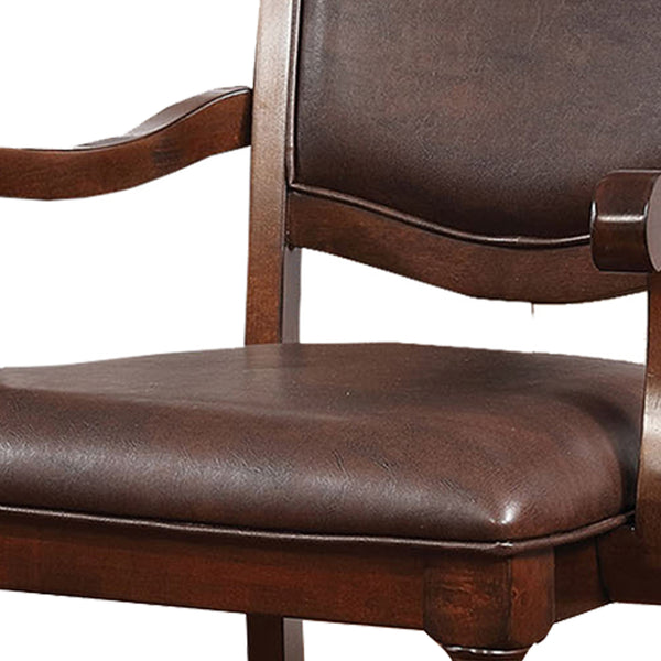 Benzara Wooden Arm Chair With Leather Upholstery Cherry Brown Set Of 2
