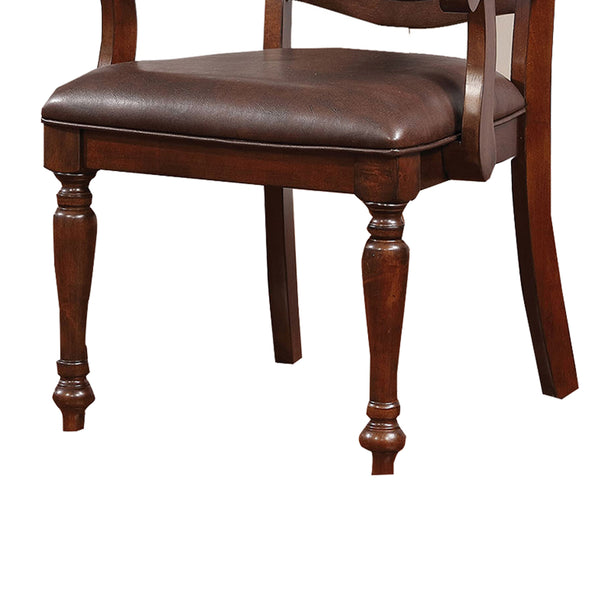 Benzara Wooden Arm Chair With Leather Upholstery Cherry Brown Set Of 2