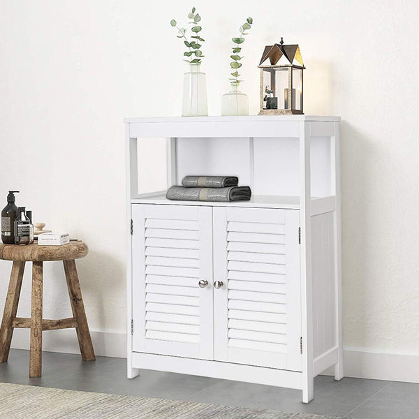 benzara Wooden Bathroom Closet with 1 Open Shelf and 2 Door Cabinet White - BM209188