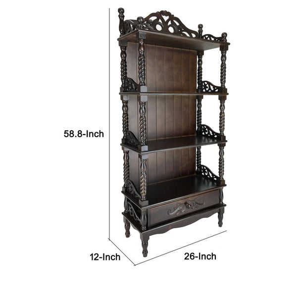 Benzara Wooden Bookcase Shelf With Carved Details And Filigree Accents Brown - BM213452