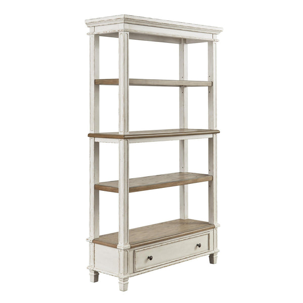 benzara Wooden Bookcase with 4 Tier Shelves and Bottom Drawer in Brown and White - BM213228