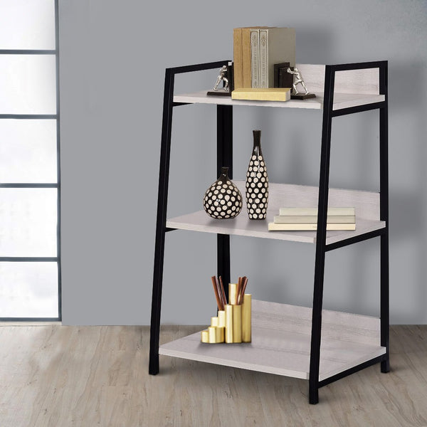 benzara Wooden Bookshelf with 3 Open Compartments in Washed White and Black - BM211103