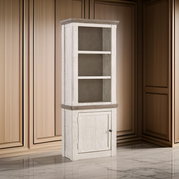 benzara Wooden Left Pier Cabinet with 1 Door and 2 Shelves in Antique White and Brown - BM210951