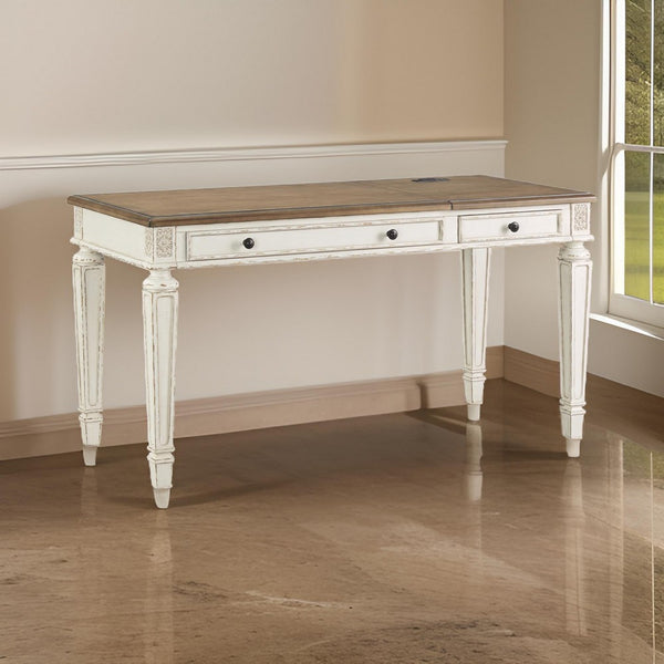 benzara Wooden Lift Top Desk with Textured Finish and Drawers in Brown and White - BM213250