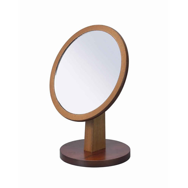 benzara Wooden Makeup Round Mirror with Pedestal Base Brown and Silver - BM204305