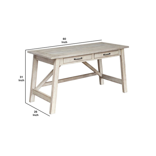 Benzara Wooden Office Desk With 2 Drawers And Truss Beam Legs Antique White - BM206092