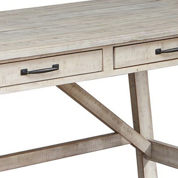 Benzara Wooden Office Desk With 2 Drawers And Truss Beam Legs Antique White - BM206092