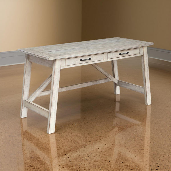 benzara Wooden Office Desk with 2 Drawers and Truss Beam Legs Antique White - BM206092