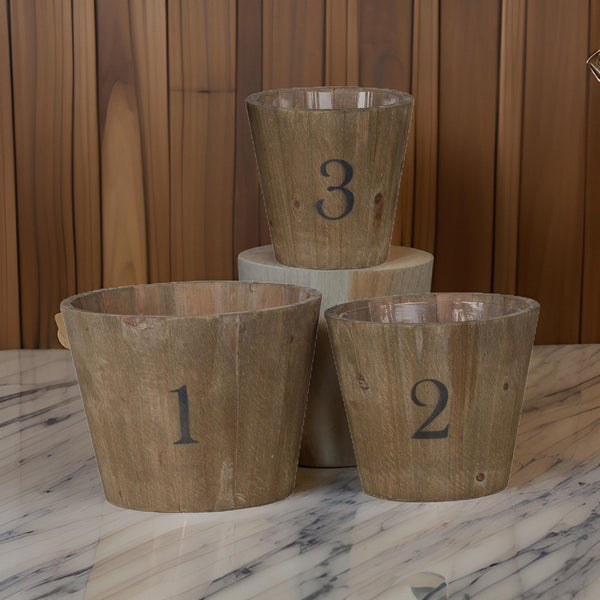 benzara Wooden Planter with Round Base and Assorted Sizes Set of 3 Brown - BM202278