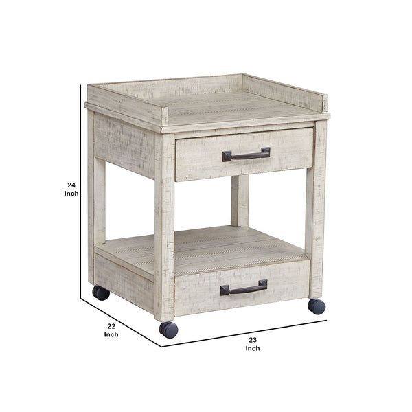 Benzara Wooden Printer Stand With 2 Drawers And Open Bottom Shelf In Distressed White - BM209263