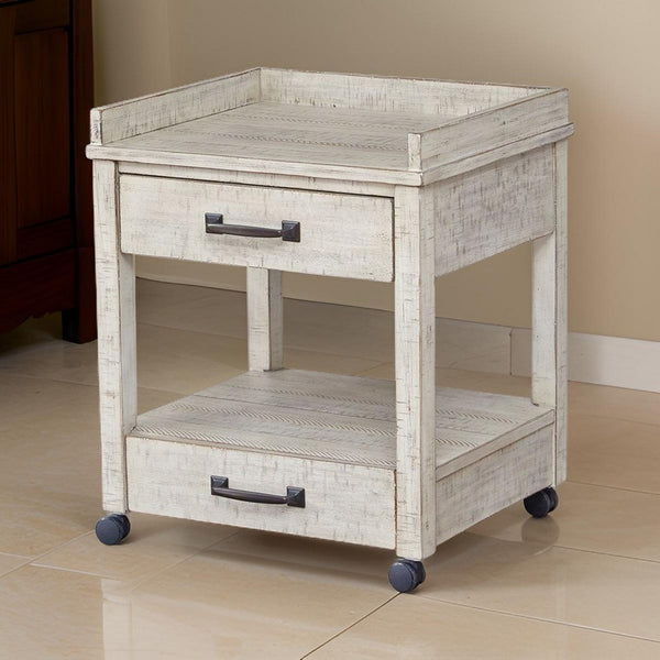 benzara Wooden Printer Stand with 2 Drawers and Open Bottom Shelf in Distressed White - BM209263