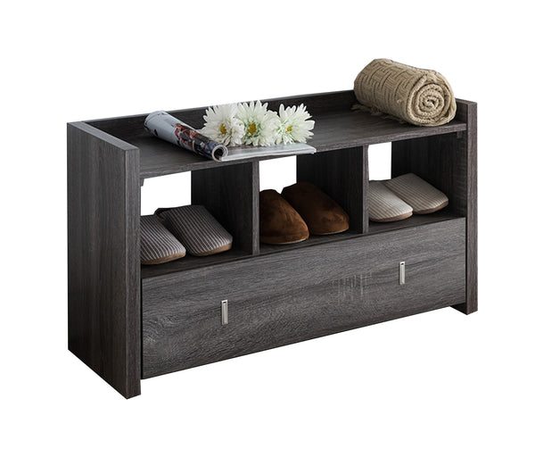 Benzara Wooden Shoe Bench With 3 Shelves Distressed Gray - BM179718