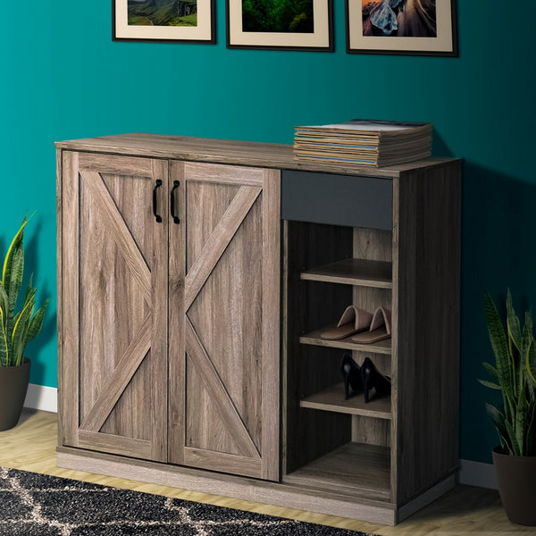 benzara Wooden Shoe Cabinet with 1 Cabinet and 4 Open Compartments in Brown - BM211128