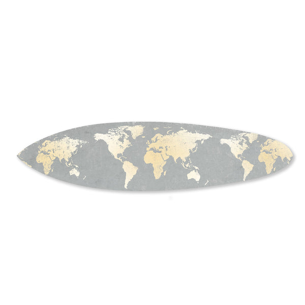 Benzara Wooden Surfboard Wall Art With World Map Print Gray And White - BM220210