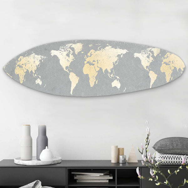 benzara Wooden Surfboard Wall Art with World Map Print Gray and White - BM220210