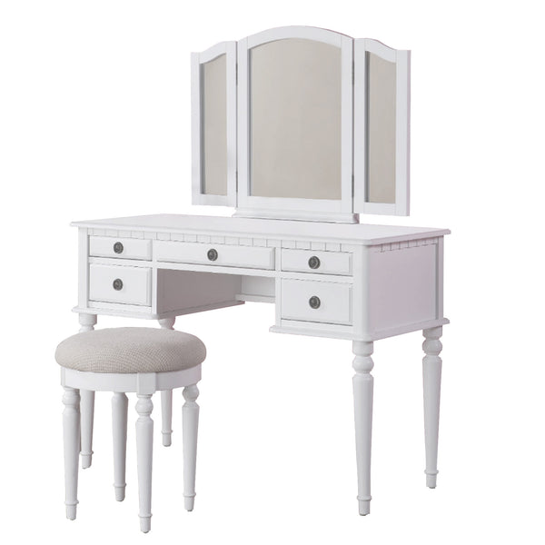 Benzara Wooden Vanity Set With Stool White - BM171346