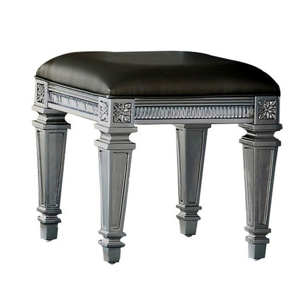 Benzara Wooden Vanity Stool Wit Leatherette Seat And Faux Crystal Accents Gray - BM220011
