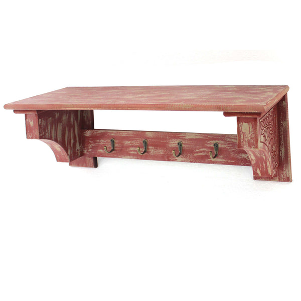 benzara Wooden Wall Shelf with 4 Hooks and Carved Side Frames Distressed Red - BM218362