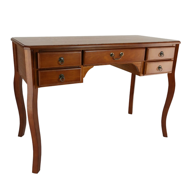 benzara Wooden Writing Desk with Cabriole Legs and 5 Drawers Brown - BM213488