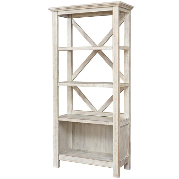 Benzara X Shape Back Bookcase With 3 Open Shelves And 1 Open Compartment In White - BM209264