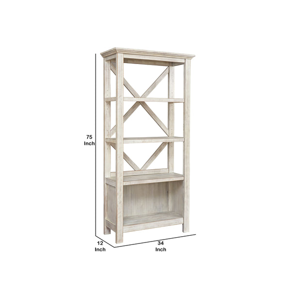 Benzara X Shape Back Bookcase With 3 Open Shelves And 1 Open Compartment In White - BM209264