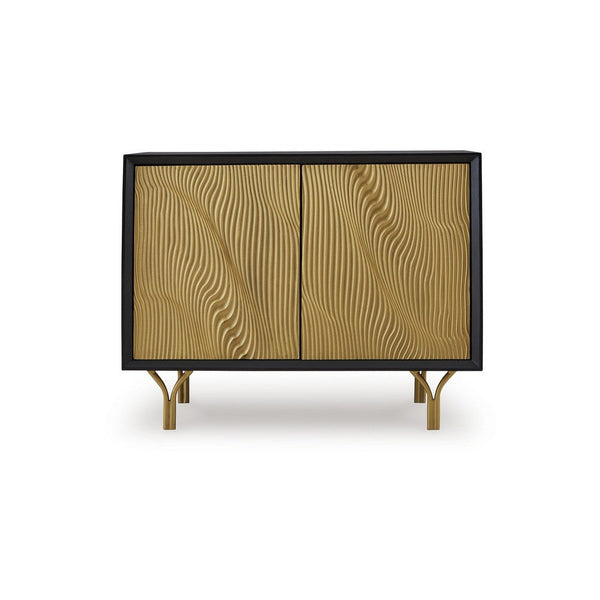 Benzara Yien Sideboard Console 2 Carved Doors Gold Legs Black Wood 40 Inch -BM329745