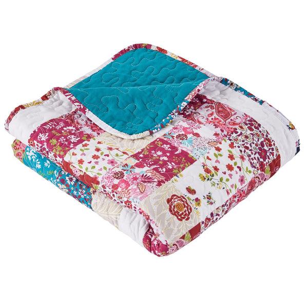 Benzara Zay 60 Inch Throw Blanket Patchwork Floral Print Teal Blue Microfiber - BM294309