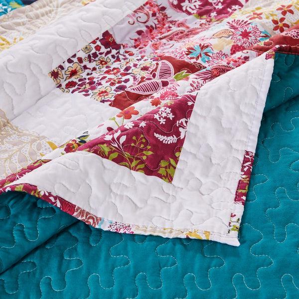 Benzara Zay 60 Inch Throw Blanket Patchwork Floral Print Teal Blue Microfiber - BM294309