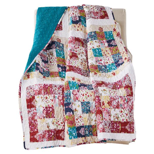 benzara Zay 60 Inch Throw Blanket Patchwork Floral Print Teal Blue Microfiber - BM294309
