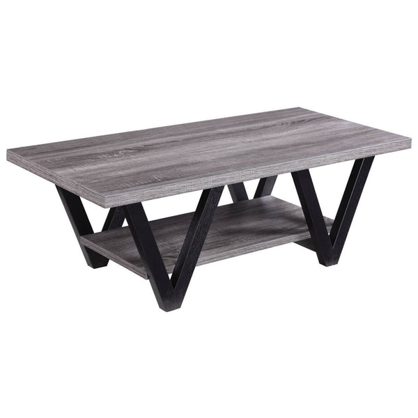Benzara Zigzag Contemporary Solid Wooden Coffee Table With Bottom Shelf Gray And Black
