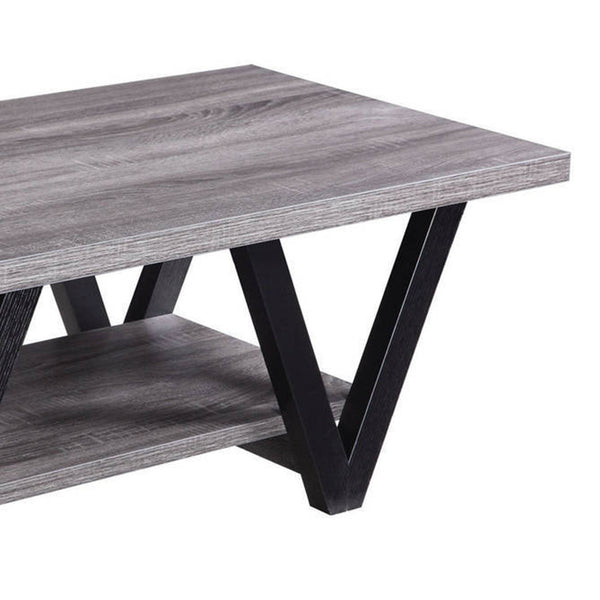 Benzara Zigzag Contemporary Solid Wooden Coffee Table With Bottom Shelf Gray And Black