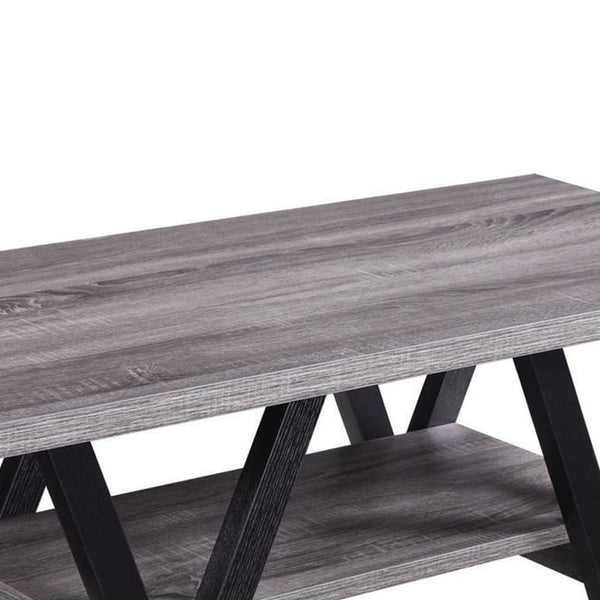 Benzara Zigzag Contemporary Solid Wooden Coffee Table With Bottom Shelf Gray And Black
