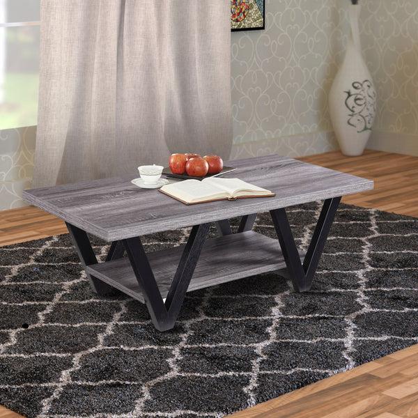 benzara Zigzag Contemporary Solid Wooden Coffee Table With Bottom Shelf Gray And Black