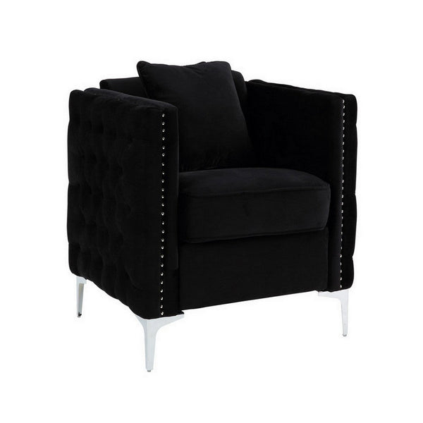 benzara Zion 34 Inch Accent Chair with Throw Pillow Handmade Tufted Black Velvet - BM286569