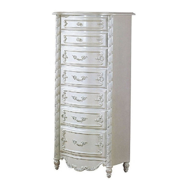 Benzara Ziva Tall Lingerie Chest 7 Drawers Classic Scrollwork Pearl White -BM327211