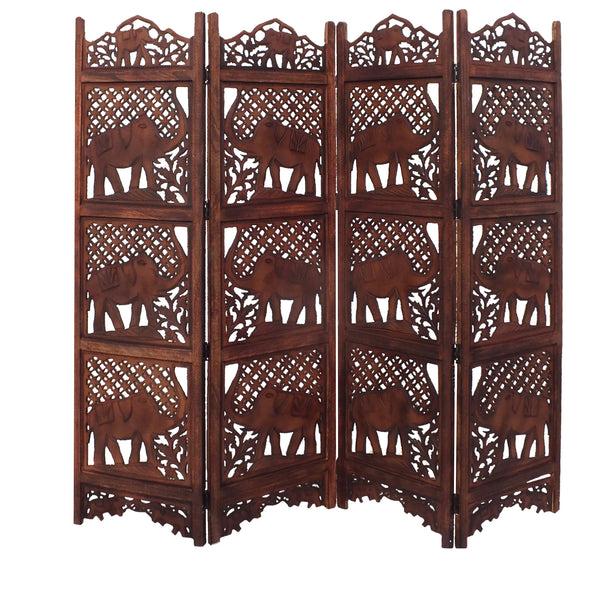 Benzara Zofi Hand Carved Elephant Design Foldable 4 Panel Wooden Room Divider Brown - BM34823