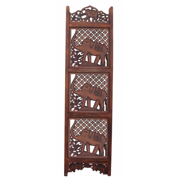 Benzara Zofi Hand Carved Elephant Design Foldable 4 Panel Wooden Room Divider Brown - BM34823
