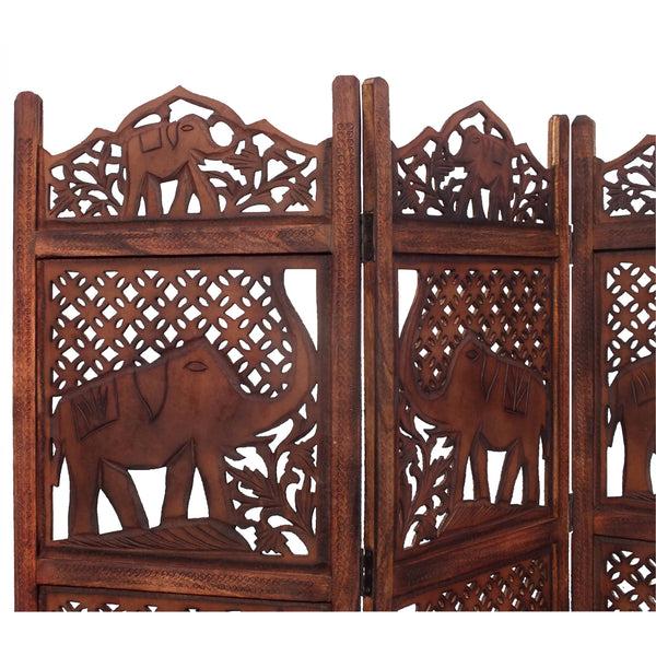Benzara Zofi Hand Carved Elephant Design Foldable 4 Panel Wooden Room Divider Brown - BM34823