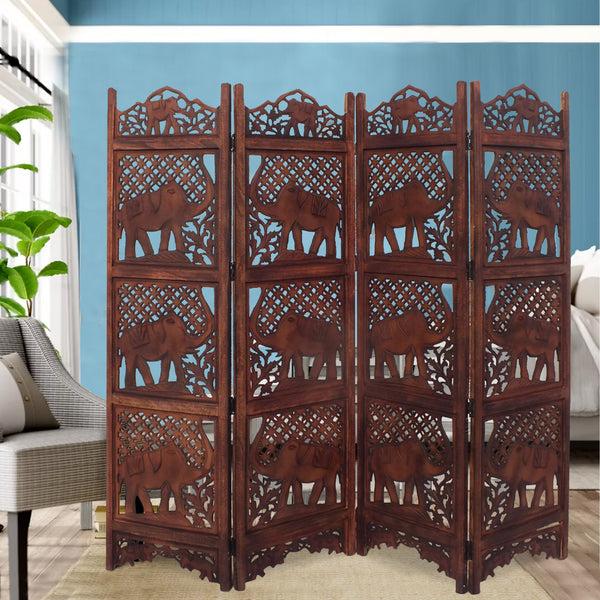 benzara Zofi Hand Carved Elephant Design Foldable 4 Panel Wooden Room Divider Brown - BM34823