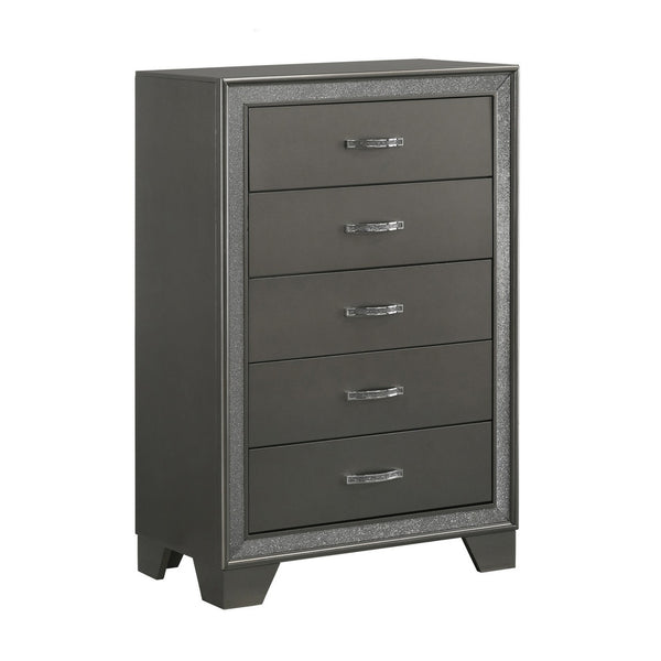 Benzara Zuka 47 Inch Tall 5 Drawer Dresser Chest Faux Diamond Trim Modern Gray - BM300827