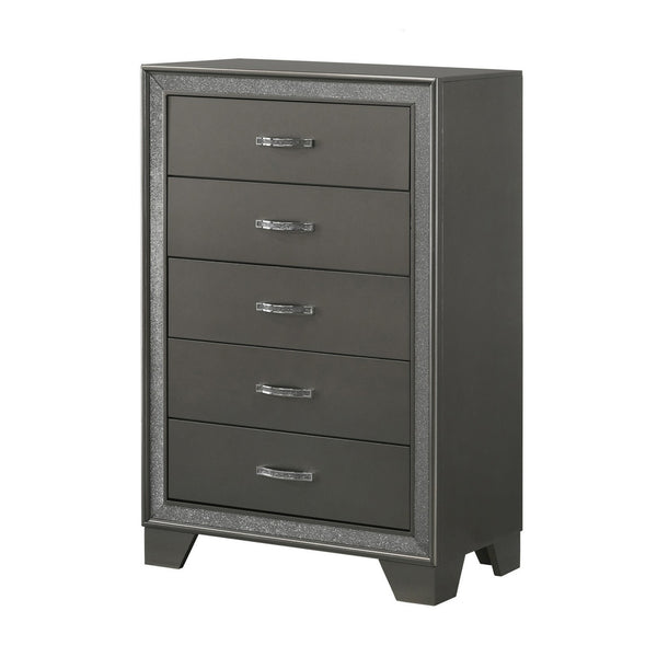 Benzara Zuka 47 Inch Tall 5 Drawer Dresser Chest Faux Diamond Trim Modern Gray - BM300827