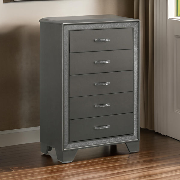 benzara Zuka 47 Inch Tall 5 Drawer Dresser Chest Faux Diamond Trim Modern Gray - BM300827