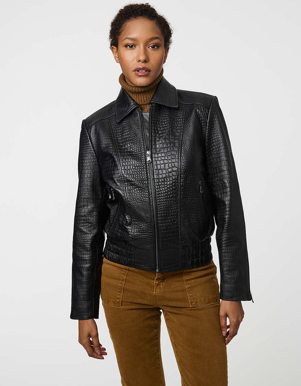 bernardo Rowan Crocodile Print Leather Bomber