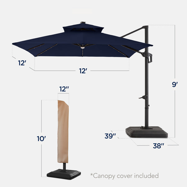 Best Choice 12x12ft 2-Tier Outdoor Solar LED Cantilever Patio Umbrella