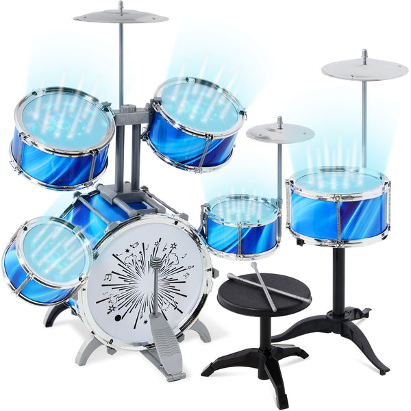 best choice 18-Piece Kids Beginner Drum Kit Musical Instrument Toy Set w/ LED Lights
