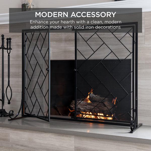 Best Choice 2-Panel Wrought Iron Geometric Fireplace Screen W/ Magnetic Doors - 44x33in