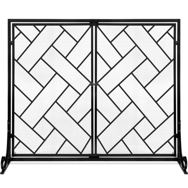 best choice 2-Panel Wrought Iron Geometric Fireplace Screen w/ Magnetic Doors - 44x33in