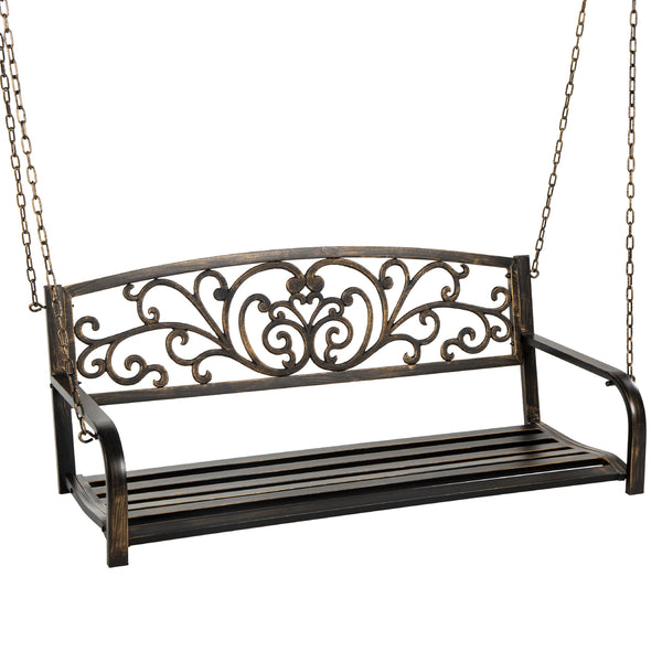 best choice 2-Person Metal Outdoor Porch Swing w/ Floral Accent 485lb Weight Capacity
